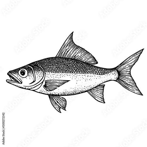 Engraved illustration of a freshwater fish showcasing detailed anatomy and features