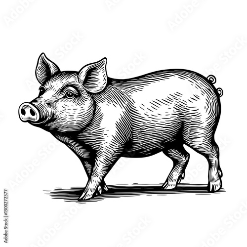 Detailed vector engraved illustration of a walking pig showcased with intricate line work and shading techniques