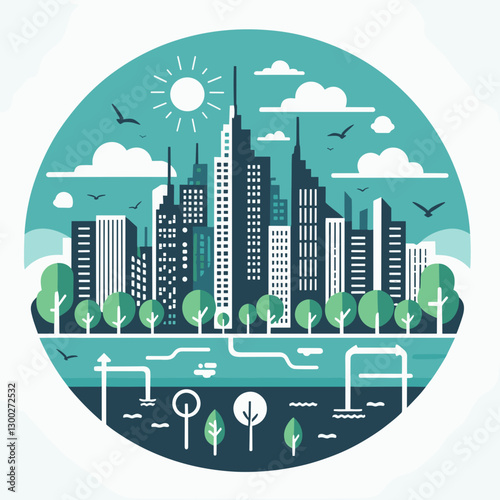Colorful illustration of a green cityscape with buildings, trees, and water features