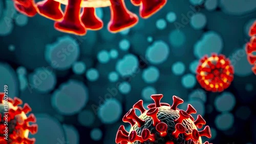 Highly Detailed 3D Illustration of a Virus Structure with Red Spikes and Dark Background.