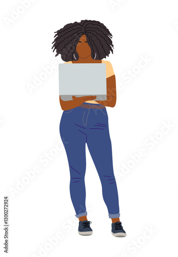 Black Business woman working at laptop. Pretty african american girl wearing smart casual office outfit standing, looking at computer. Vector realistic illustration isolated 