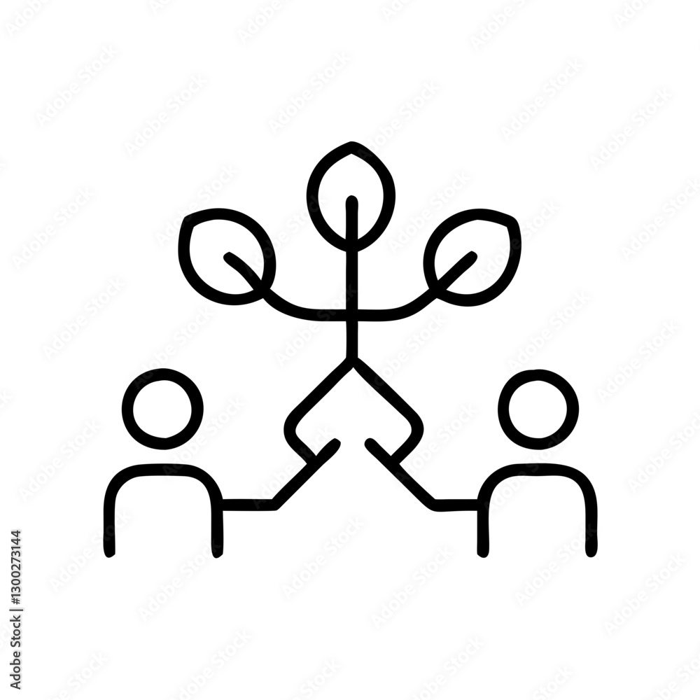 People connecting with hands around a tree, symbolizes teamwork, black outline, modern design People connecting with hands around a tree, symbolizes teamwork, black outline, modern design