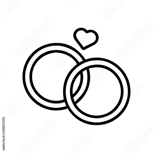 Wedding rings icon with heart, representing love and commitment, black outline, modern design