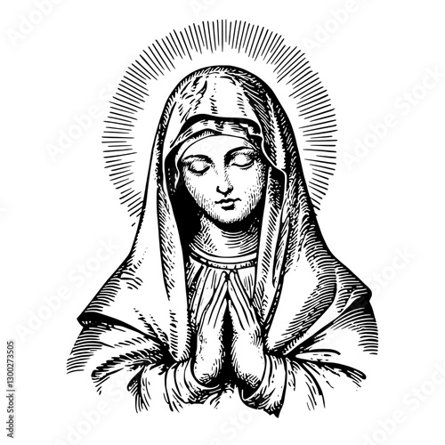 Engraved illustration of a serene figure with hands clasped in prayer, embodying devotion and spirituality