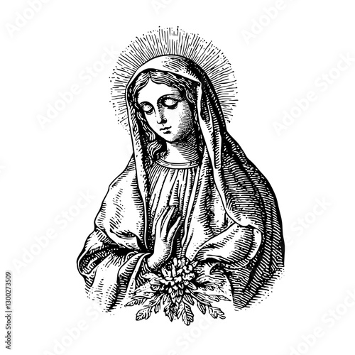 Engraved illustration of a serene religious figure holding flowers in a contemplative pose