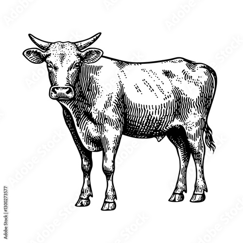 Engraved illustration of a standing cow showcasing intricate details of its form and features