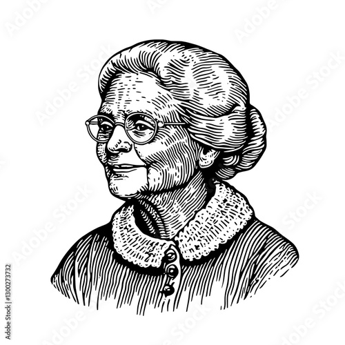 Vector engraved illustration of an elderly woman with glasses and a fur-collared coat
