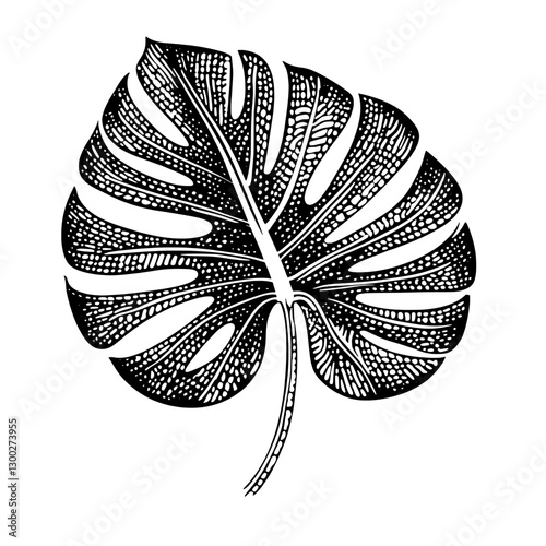 Monstera leaf illustration showcasing intricate engravings and botanical details in a minimalist style
