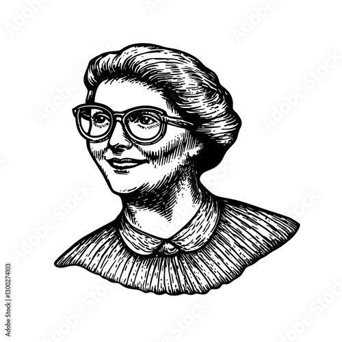 Engraved portrait of a woman with glasses showcasing vintage style and charm