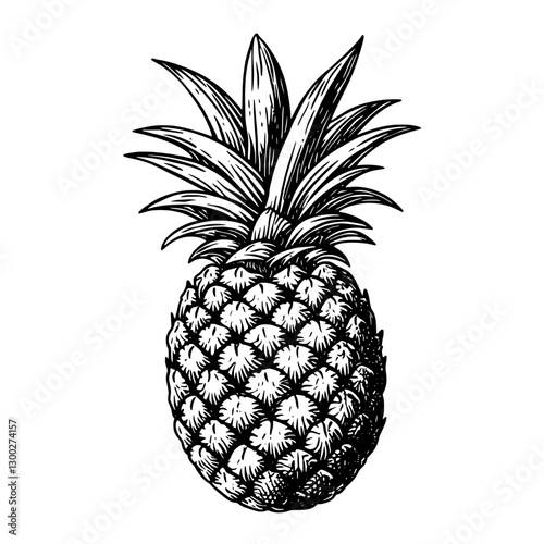 Detailed vector engraved illustration of a pineapple showcasing its textured surface and unique leaf arrangement