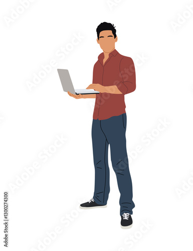 Young Businessman working at laptop. Handsome man wearing smart casual office outfit standing and looking at computer. Vector realistic illustration isolated