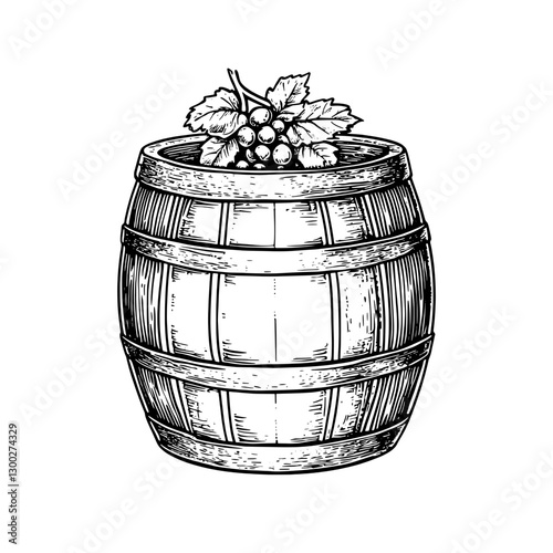Illustration of a wooden barrel with grapes and leaves, capturing the essence of winemaking traditions