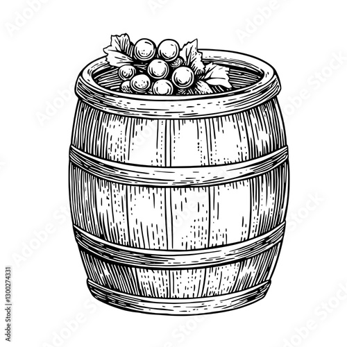 Vector engraved illustration of a wooden barrel filled with grapes and leaves, showcasing traditional winemaking elements and rustic craftsmanship