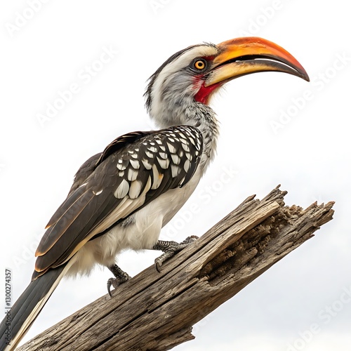 Striking portrait of a hornbill with vibrant orange beak and dramatic facial features, standing on a branch against a white background, highlighting its distinctive look