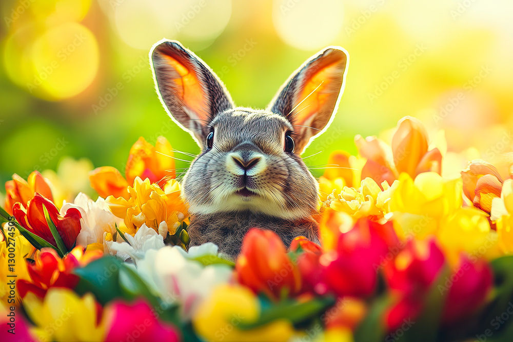 Fototapeta premium Rabbit Among Vibrant Spring Flowers