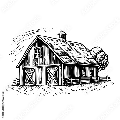 Rustic barn in a rural setting surrounded by fencing and a tree capturing the essence of countryside life