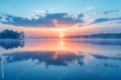 A calm lake reflecting the sky at dawn, soft mist rising above the water