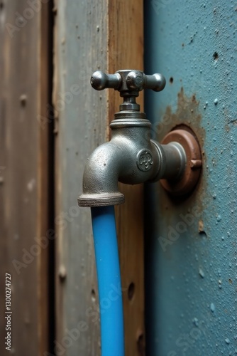 Wallpaper Mural Close-up view of an aged metallic faucet with a vibrant blue pipe extending from its spout, mounted on a weathered wood and painted surface Torontodigital.ca