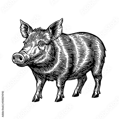 Detailed vector engraved illustration of a standing pig in a classic artistic style