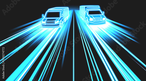 Two Vehicles Racing at Night with Bright Blue Light Trails