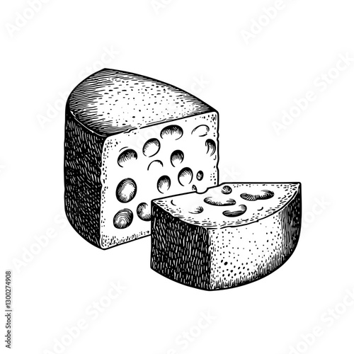 Engraved vector illustration of cheese with holes and a wedge on a white background