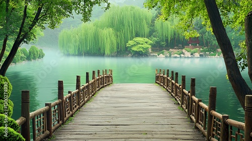 Wooden Bridge Over Serene Green Lake Surrounded by Lush Trees and Mist