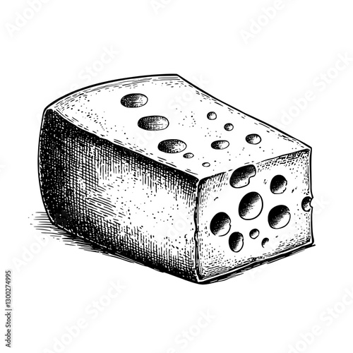 Engraved illustration of a wedge of cheese showcasing its unique texture and character