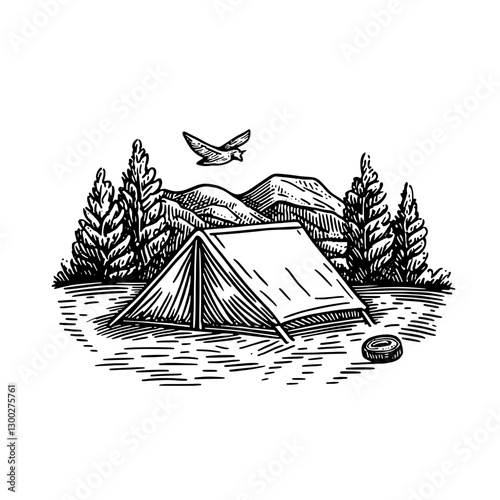 Engraved illustration of a tent in a serene mountain setting with a bird in flight
