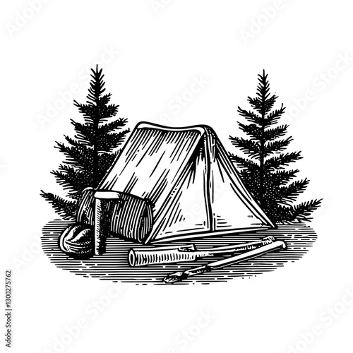 Vector engraved illustration of a camping tent with equipment surrounded by pine trees in a serene outdoor setting