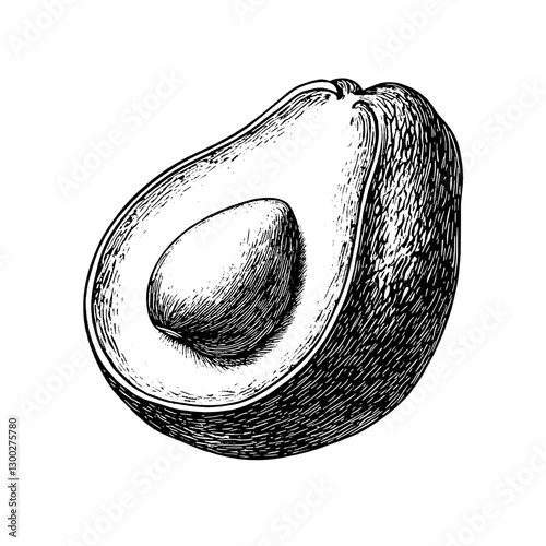 Vector engraved illustration of a halved avocado showcasing its pit and textured skin
