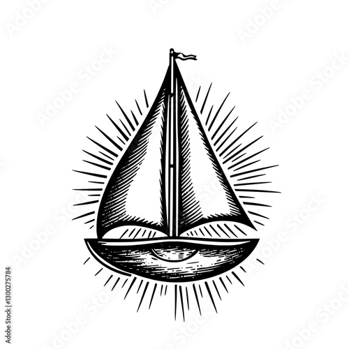 Sailboat sailing under a radiant sun in a vintage engraved illustration style