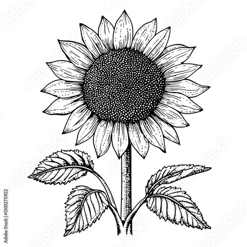Vector engraved illustration of a sunflower with detailed petals and leaves