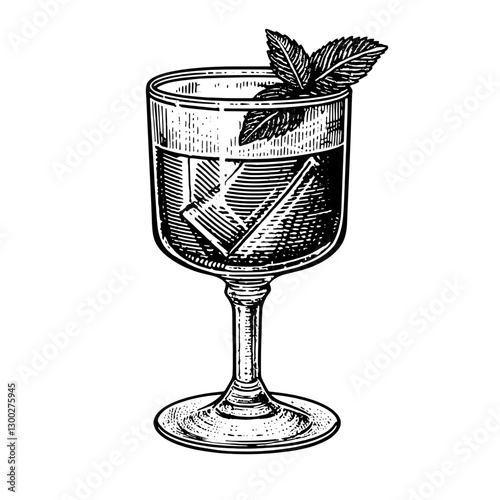 Engraved illustration of a cocktail glass with mint leaves and ice cubes showcasing timeless mixology artistry