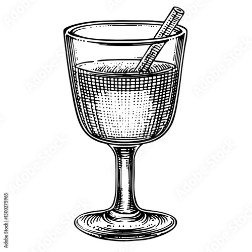 Vector engraved illustration of a classic cocktail glass filled with a beverage and a straw
