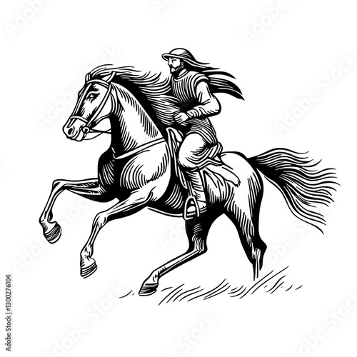 Engraved vector illustration of a rider galloping on a horse through an open field