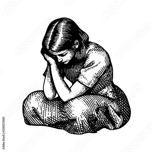 Emotional woman seated in despair, illustrated with intricate details in a vector engraved style