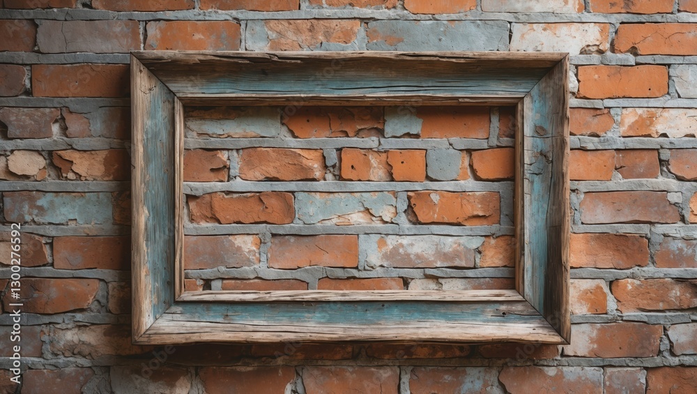 Naklejka premium Empty wooden frame against brick wall. Orange and blue bricks texture background. Simple border for mockup, aged wood with blue accent.