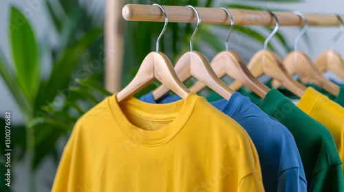 Colorful T-Shirts Hanging on Wooden Hangers Against Green Plants photo