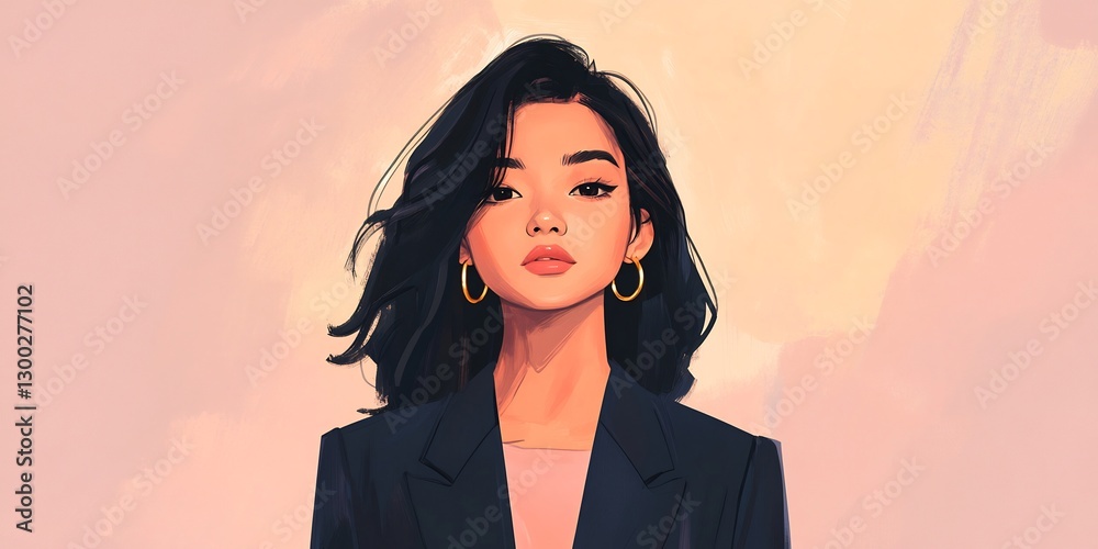 confident woman in navy blazer with gold earrings on pastel background confident woman in navy blazer with gold earrings on pastel background
