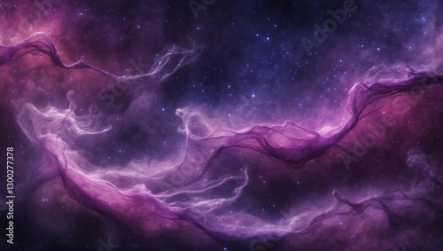Purple space nebula illustration. Dark cosmic clouds with blue stars are visible. Light purple color fog floating in space.
