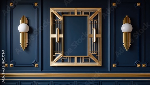 Blue wall with golden frame and lamps. Empty dark frame hangs on interior wall. Art deco style with geometric pattern and light bulbs.