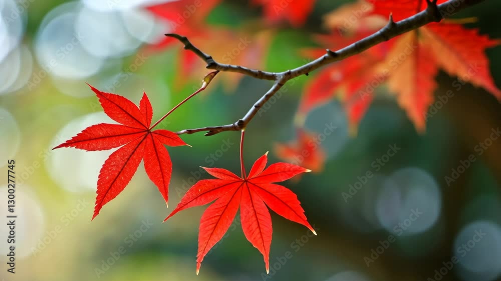 Bright red maple leaves hanging delicately on a branch surrounded by soft blurred greenery during autumn Bright red maple leaves hanging delicately on a branch surrounded by soft blurred greenery during autumn