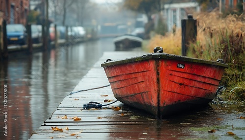 Red boat rests on dockside canal in Autumn