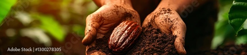 Hands Holding Cacao Pod, Rich Soil, Plantation Farming