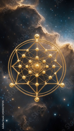 Golden geometric shape floats in deep starry space. Circles and triangles intersect. Universe background with nebula and bright stars shines.