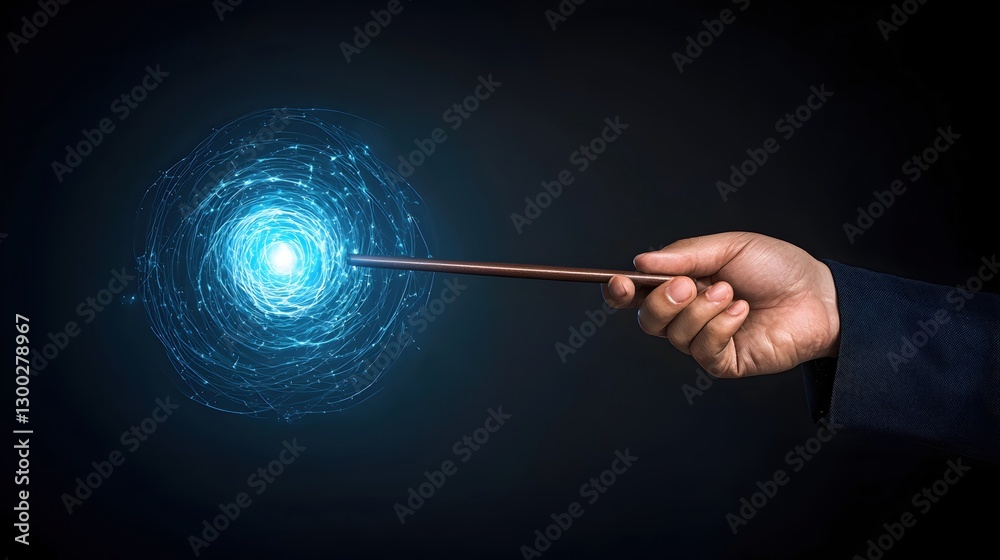 Fototapeta premium Magical Hand with Wand Creating Light in Dark Background