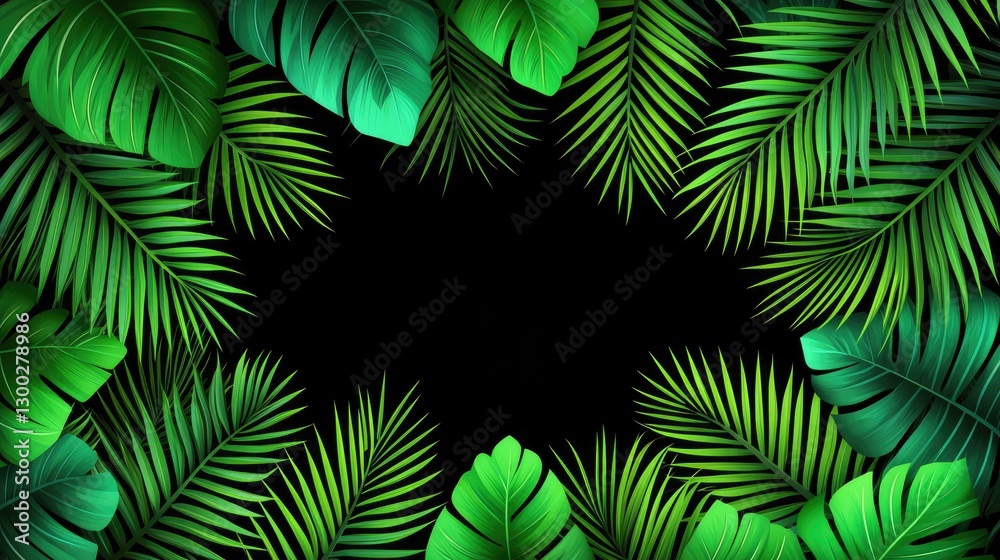 Fototapeta premium Tropical leaves frame, black background, summer vacation, design element