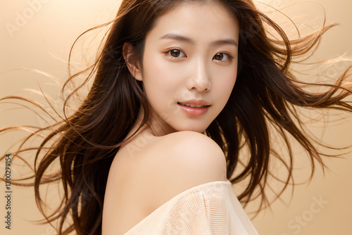 Headshot of a woman showing her shoulders and her hair blowing softly in the wind, AI-generated