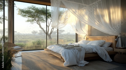 Modern Minimalist Bedroom with Savanna View Sunlight White Bedding Wooden Bed