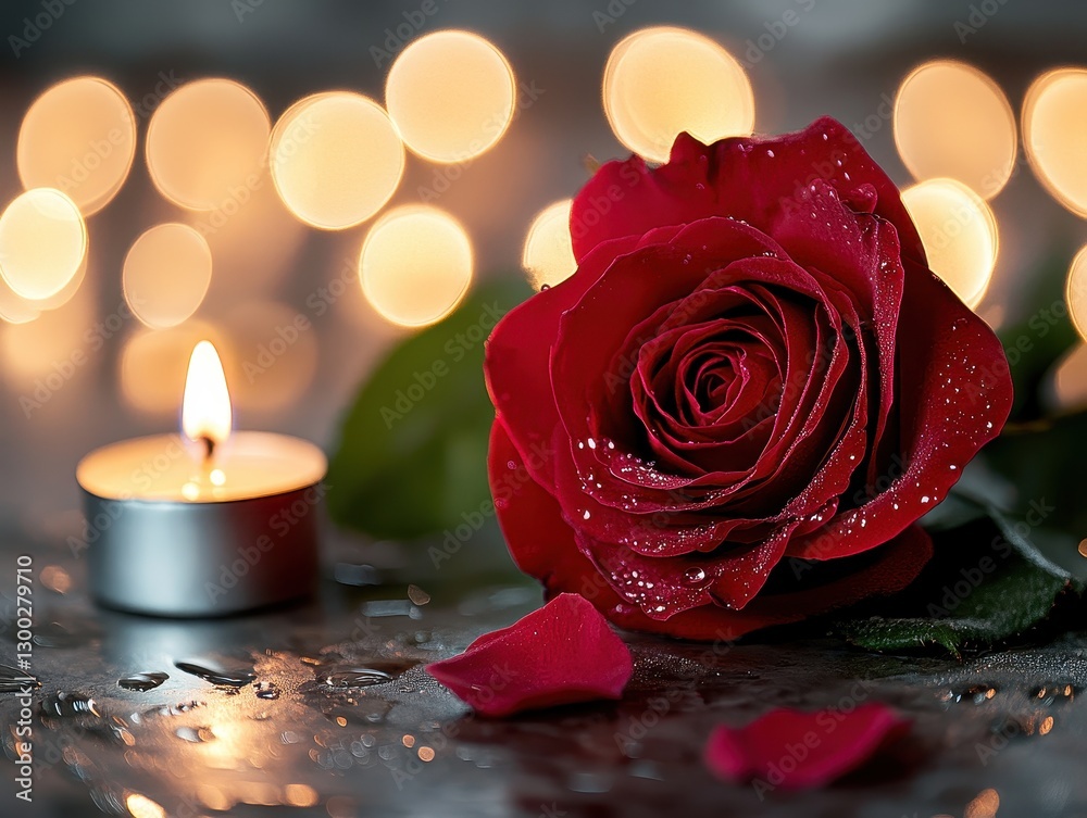 Red rose and candle with bokeh lights Red rose and candle with bokeh lights